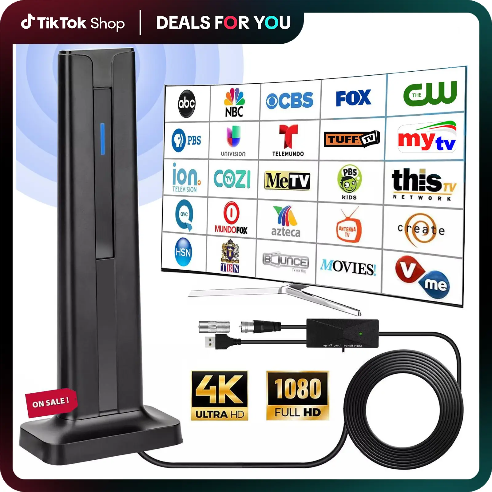 HIDB Indoor TV Antenna for Smart TV - Long Range Reception, 4K 1080P Channels, Strong Magnetic Base, 16ft Cables, Hdmi Output & Simple Setup, Outdoor