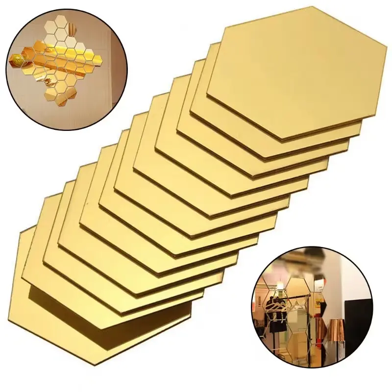 12/24/36pc， Golden hexagonal acrylic mirror wall sticker, Wall Decal, DIY Stickers, Wall Art Stickers, self-adhesive removable acrylic decorative background wall, suitable for living room, bedroom, sofa wall, home decoration
