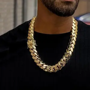 Men's 18k Gold-Plated Stainless Steel Cuban Link Miami Chain Necklace, Hypoallergenic Hip Hop Artificial Gemstone Jewelry Accessory