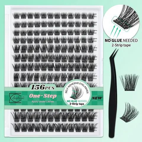 Lashsun Pre-Glued D Curl PBT Material Lash Clusters Kit (156 Pcs) - Cosmetic Glueless Lashes for Adults, Invisible 2-Strip Self-Adhesive, Longer-Lasting, No Sticky Residue, Everyday Makeup Products