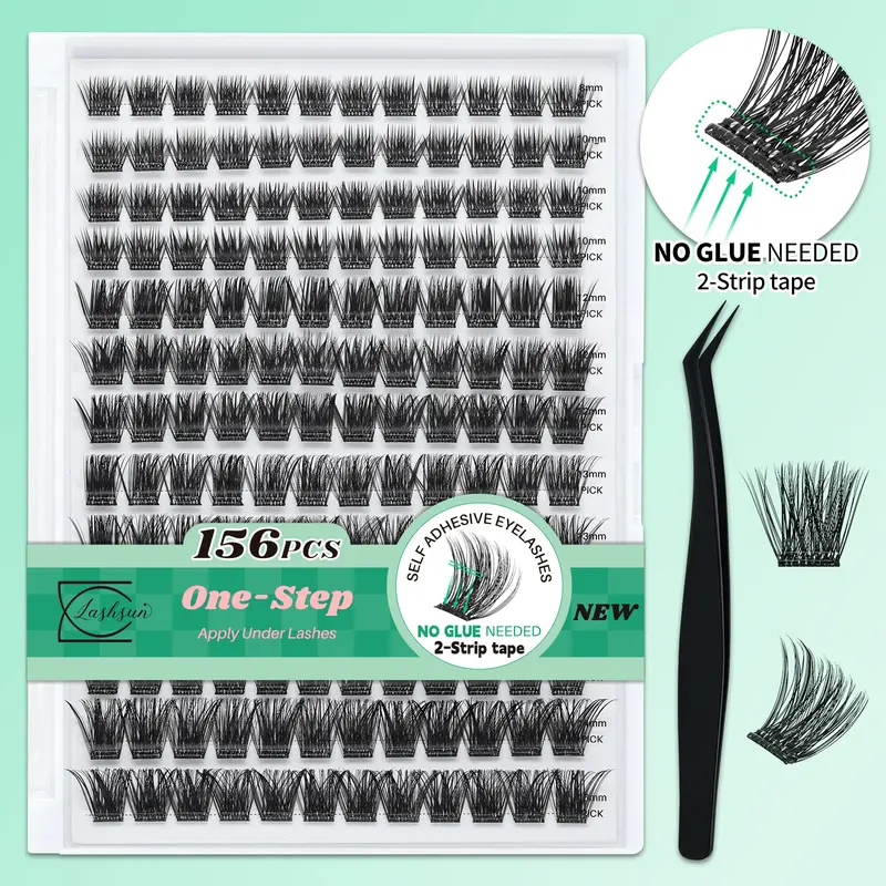 Lashsun Pre-Glued D Curl PBT Material Lash Clusters Kit (156 Pcs) - Cosmetic Glueless Lashes for Adults, Invisible 2-Strip Self-Adhesive, Longer-Lasting, No Sticky Residue, Everyday Makeup Products