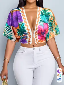 Summer Casual Sexy Women's Tropical Floral Plant Print Top, Deep V Neck Decorative Button, High Waist Short T-Shirt, Fashion Summer Vacation Dress