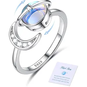 CASSIECA Anxiety Ring for Women 925 Sterling Silver 18K White Plated Open Moonstone Adjustable Fidget Ring for Anti-Stress Star Moon Finger Spinner for Anxiety Moissanite Ring, Adjustable Ring SummerVibes