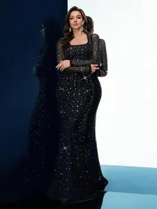Evening Gown for Women Hot Drill-Encrusted Formal Dress Black Long Sleeve Mermaid Silhouette Perfect for Banquets Formal Events & Cocktail Parties Elegant