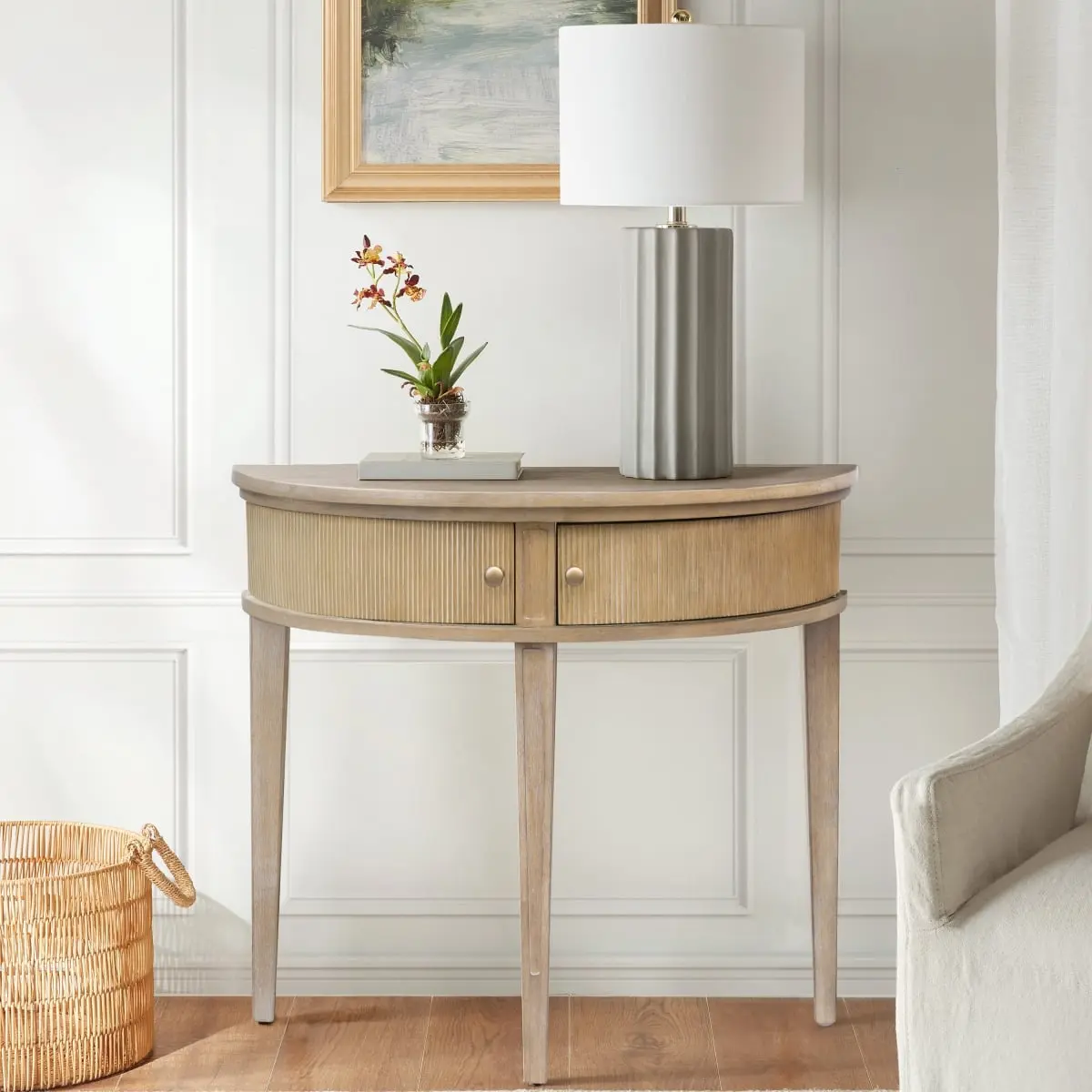 Martha Stewart MT120-1193 Vintage Traditional Crestview Wood Veneer Console Table with Fluted Textures, Reclaimed Greige, Space-Saving Indoor Storage Furniture, 36"w x14"d x32"h, 41.9 lbs, 85 lbs Weight Capacity, Wipe-Clean, Assembly Required, Space Savin