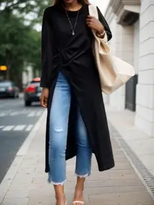 Women's Plain Twist Asymmetrical Hem Shirt Blouse, Casual Long Sleeve Round Neck High-low Top for Fall & Winter, Women's Clothing for Daily Wear