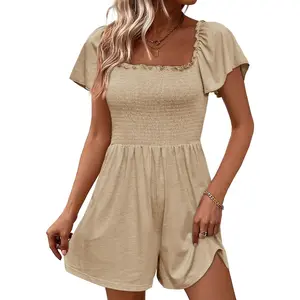 Imily Bela Essentials Womens Summer Smocked Romper Ruffle Sleeve Square Neck Flowy Short Jumpsuit Beach Vacation Outfits