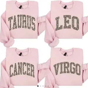 [Full 12 Zodiac] Leopard Print Zodiac Sweatshirt - Light Pink Color, Astrology Sign Crewneck for Women, Taurus Leo Cancer Virgo Graphic Pullover, Trendy Star Sign Sweater Gift