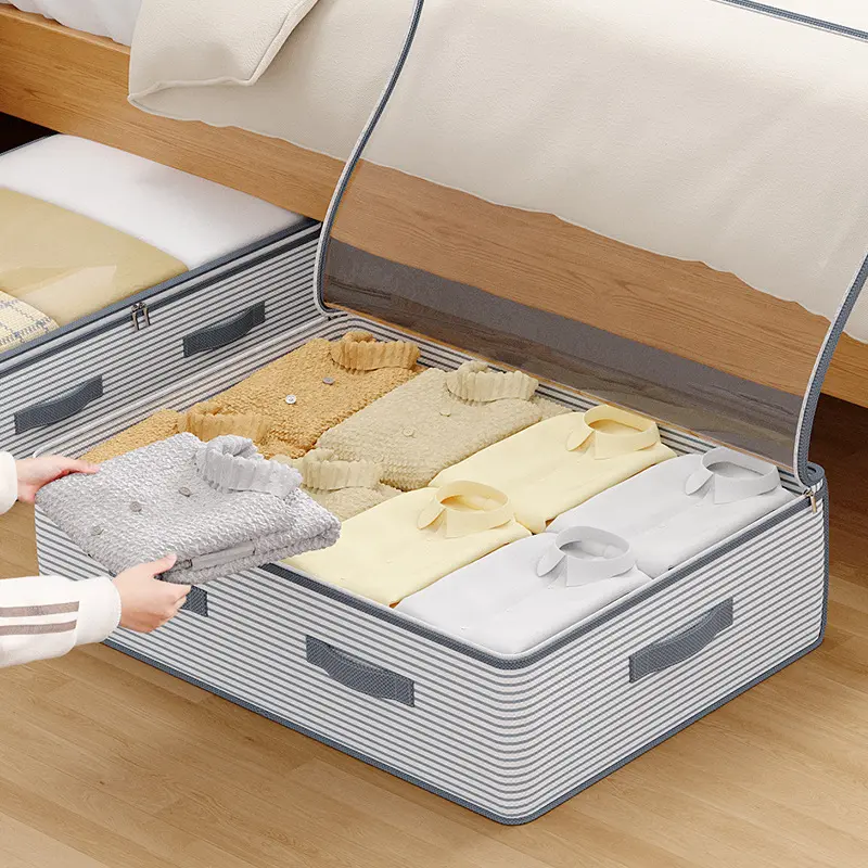 Zippered under-bed thick non-woven storage bag with dustproof PVC layer. Large sturdy pouch for quilts, blankets and garments, space-saving organizer for bedroom closet tidying,classic style