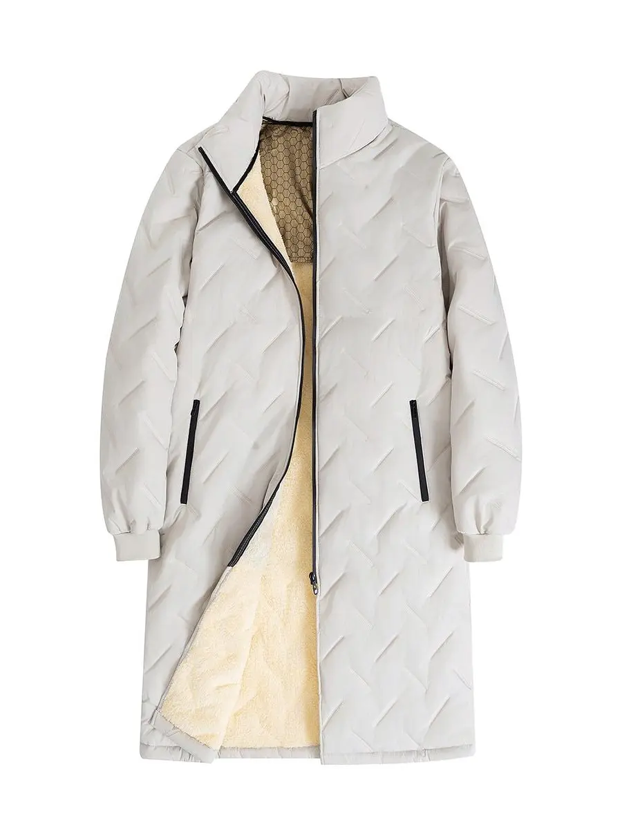Men's Thick Mid-Long Stand-Collar Geometric-Stitch Quilted Puffer Jackets - Sherpa-Lined, Heat-Reflective, Thermal, Windproof Minimalist Winter Fabric Outerwear (Cargo Pants Bundle Note: Core Item is Coat) for Mature Gentlemen's Cold Weather Daily Wear, H