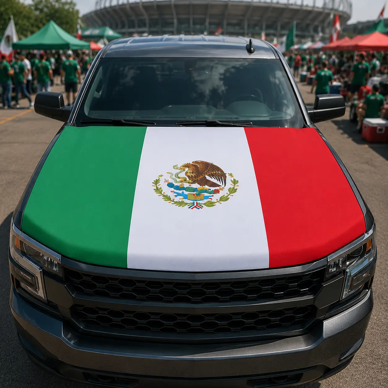 Vibrant Patriotic Print Mexico Flag Car Hood Cover - Premium Sublimation Print, 4x5ft, Auto Accessories, Bug Protection, Fender Flare Coverage, Supplier Warranty, Car Covers for Automobiles