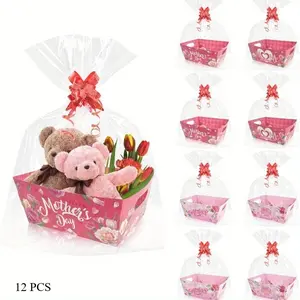 12pcs Mother's Day Gift for Mom Carnation Gift Bouquet Box Set with Glass Paper Bag, Bow, Tray Gift Box, Handmade Gift, Festival Party Supplies, Paper Packaging