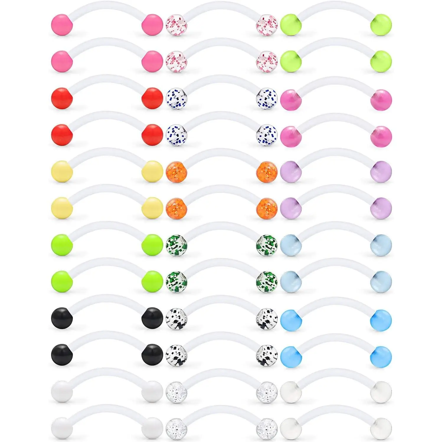 14G (1.6mm) Hypo-Allergenic Glitter Bioflex Flexible Acrylic Curved Barbell Body Piercing Jewelry - 18 Pairs (8-36PCS), Snake Eyes Tongue/Nipple Retainers, Nose Piercing Jewelry