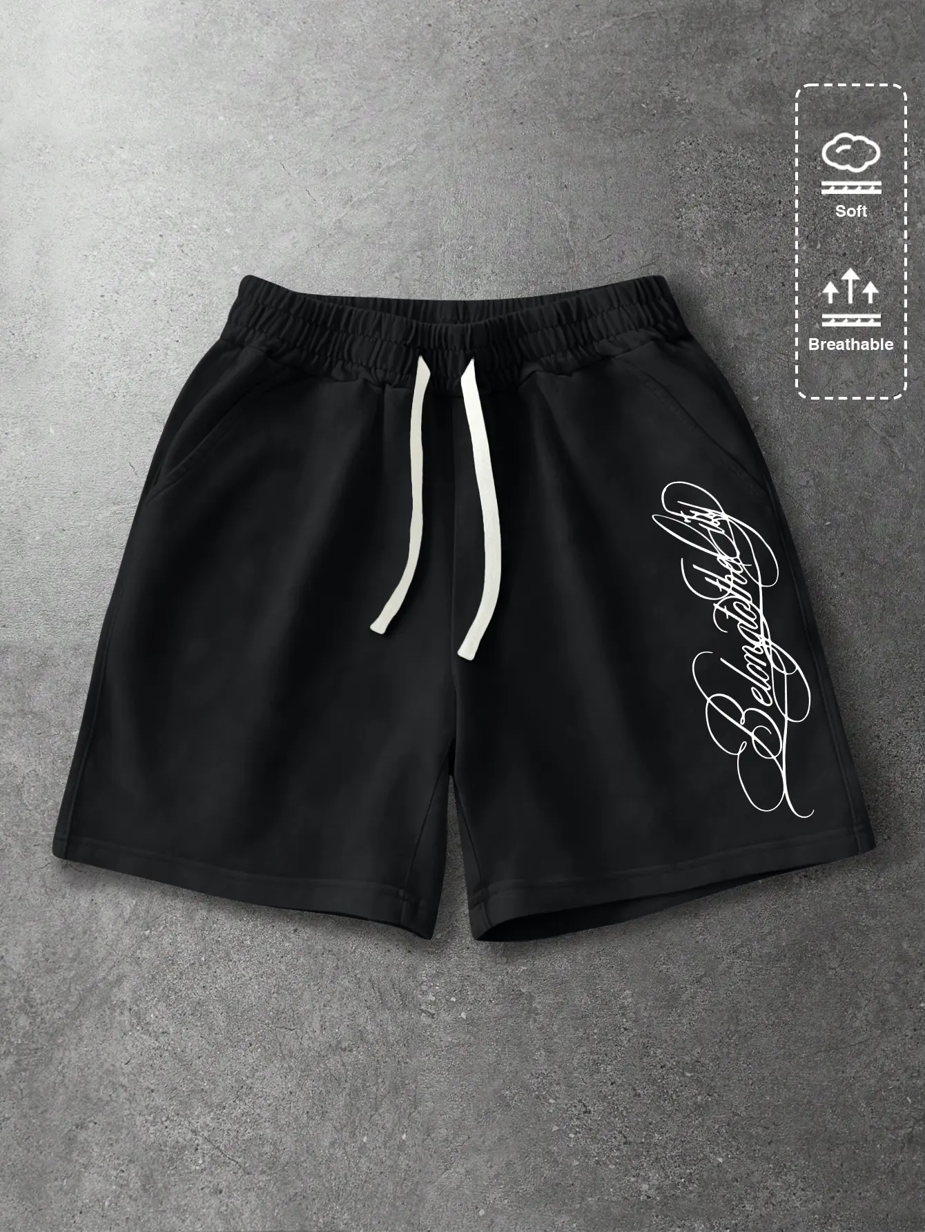 Men’s summer regular-fit cotton shorts featuring American high-street style art letter print (Y2K). Fashionable casual men’s shorts for going out with pockets, elastic waistband and drawstring; suitable for running, golf, fishing, basketball, camping, gym