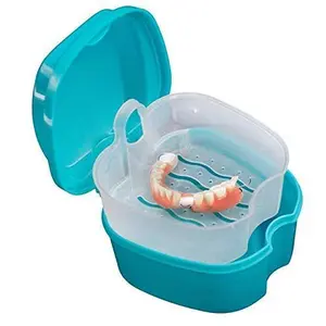 Denture Case, Denture Cup with Strainer, Denture Bath Box False Teeth Storage Box with Basket Net Container Holder for Travel, Retainer Cleaning (Green)