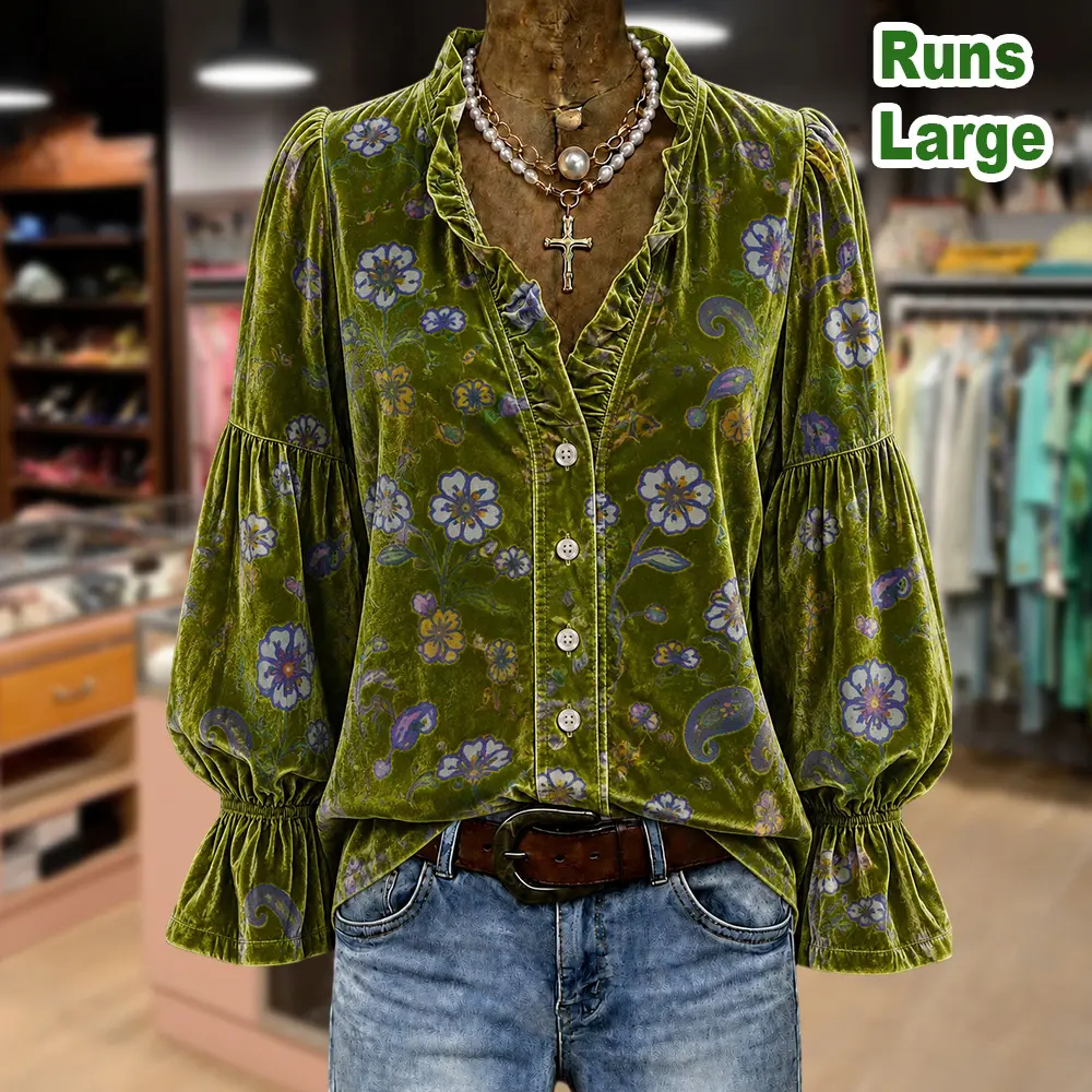 Cherrybetty Vintage Floral Paisley Print Ruffle Neck Puff Sleeve Velvet Blouse Going Out Tops Fall Tops Plussize Clothes For Women Fall Clothing Women 2026 Shirts Womenswear