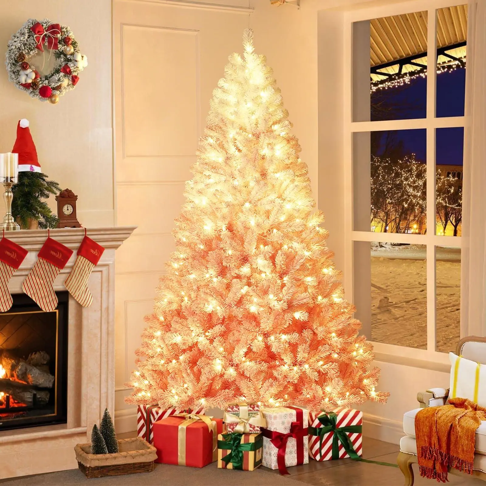 7.5ft Pre-Lit Snow Flocked Christmas Tree - Pink Gradient with 450 RGB & Warm White LED Lights - Foldable Base for Home Office