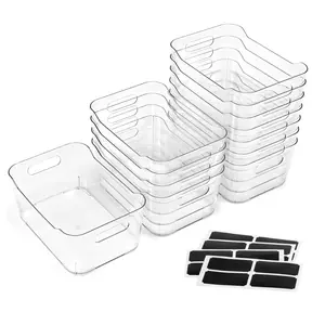 12 PACK Multi-Use Clear Plastic Storage Bins for Organizing w/ Labels - Home, Kitchen, Bathroom, Office, Pantry Cabinet Shelf Organizer Bins