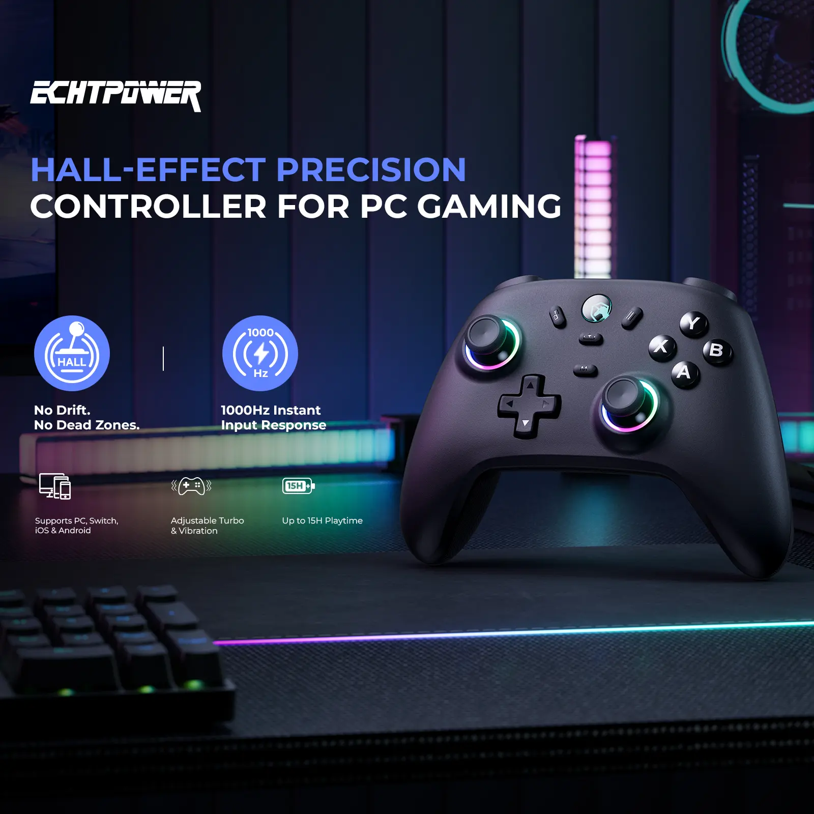 ECHTpower EP01 Flagship Hall Effect Joystick Gamepad for PC, Switch, iOS, Android - RGB Light, 1000Hz Polling Rate, Adjustable Turbo, Dual Vibration, 800mAh Battery