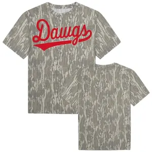 Bottomland Camo Dawgs Graphic Tee, Hunting Style Georgia Fan Shirt, Distressed Bark Pattern T-Shirt, Red Script Dawgs Logo Apparel, Outdoor Lifestyle Camouflage Top