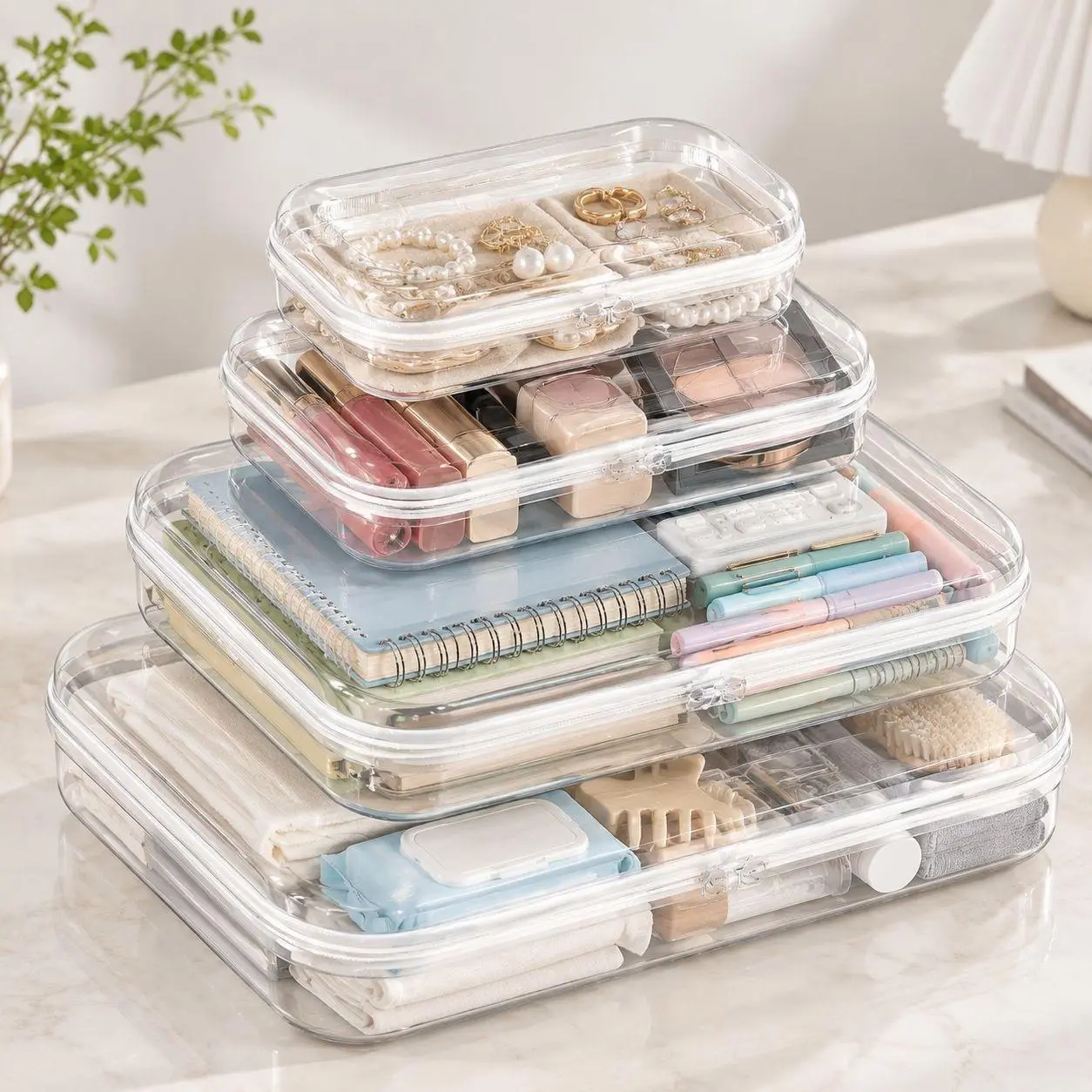 Home Organizer 4-Pcs Thick 1.2mm Hard Shell Waterproof Zipper Square Storage Boxes, Modern Stackable Bins for Makeup, Travel