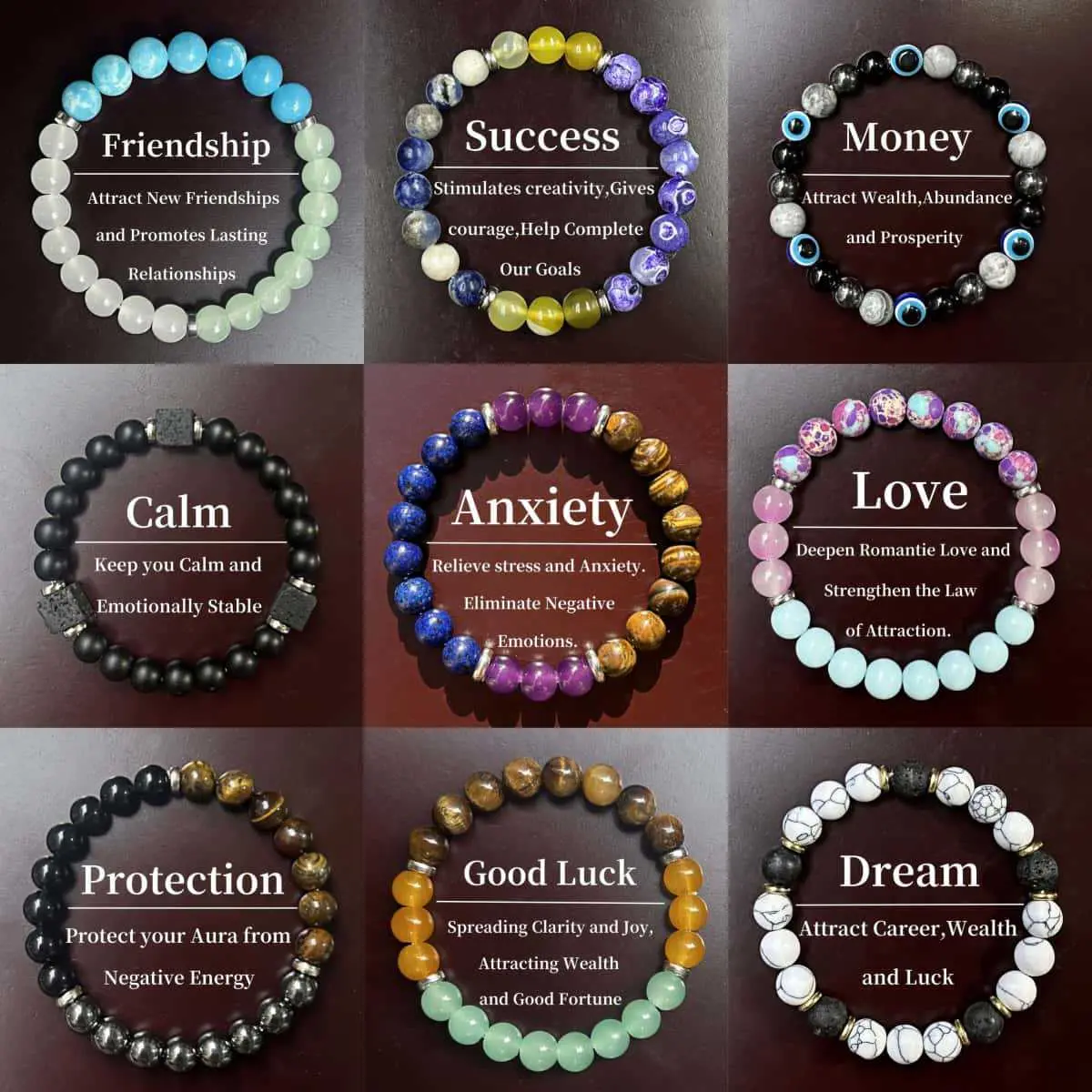 Women's 9-Piece 8mm Healing Crystal Stretch Bracelets Set (7.1in) - Rose Quartz, Amethyst, Black Onyx Healing Stones for Peace, Wealth, Luck, Love, Confidence, Stress Relief, Energy, Evil Eye Protection, Daily Use, Holiday Gift
