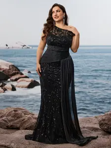 Blueplum Elegant Asymmetric Neckline Evening Gown, Long Mermaid Cocktail Dress, Floral Sleeve Party Dress for Women Sequins