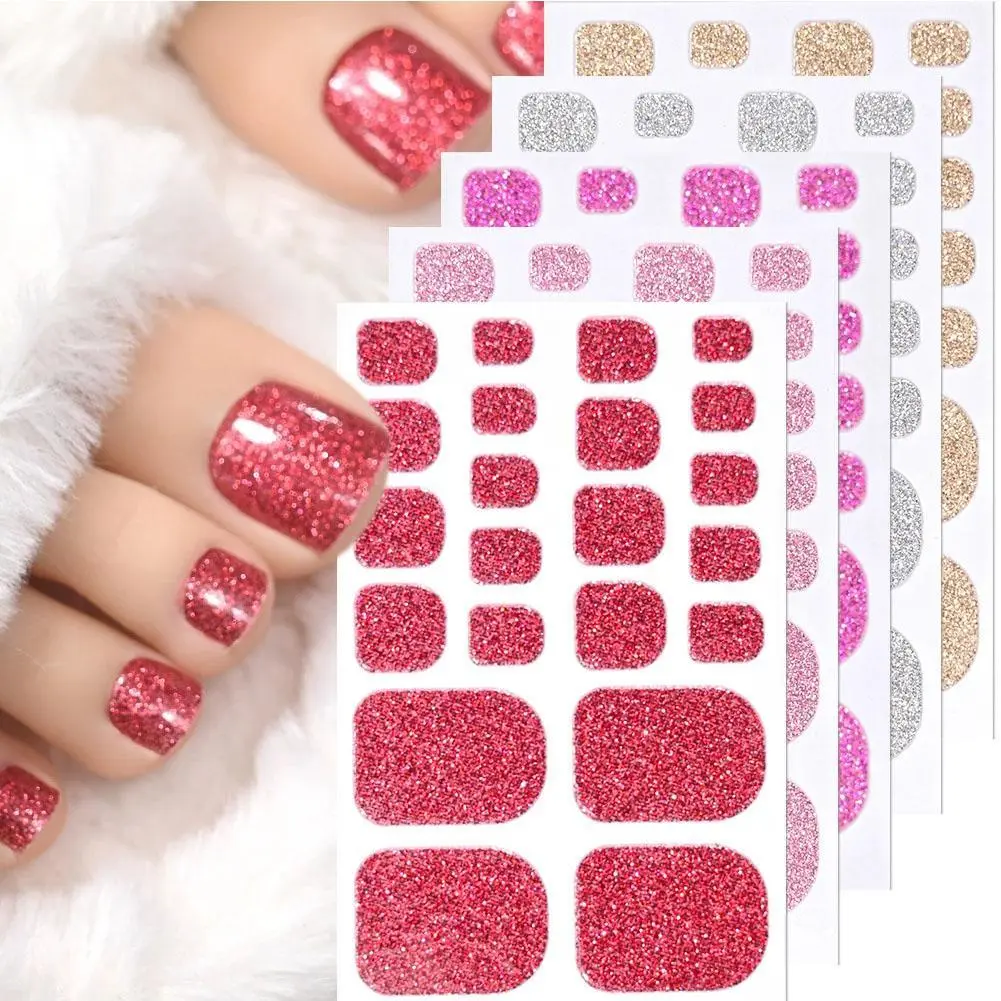 22Tips Summer Glitter Toe Nail Stickers Full Cover Nail Wraps Solid Color Adhesive Toenails Decals for Women DIY Foot