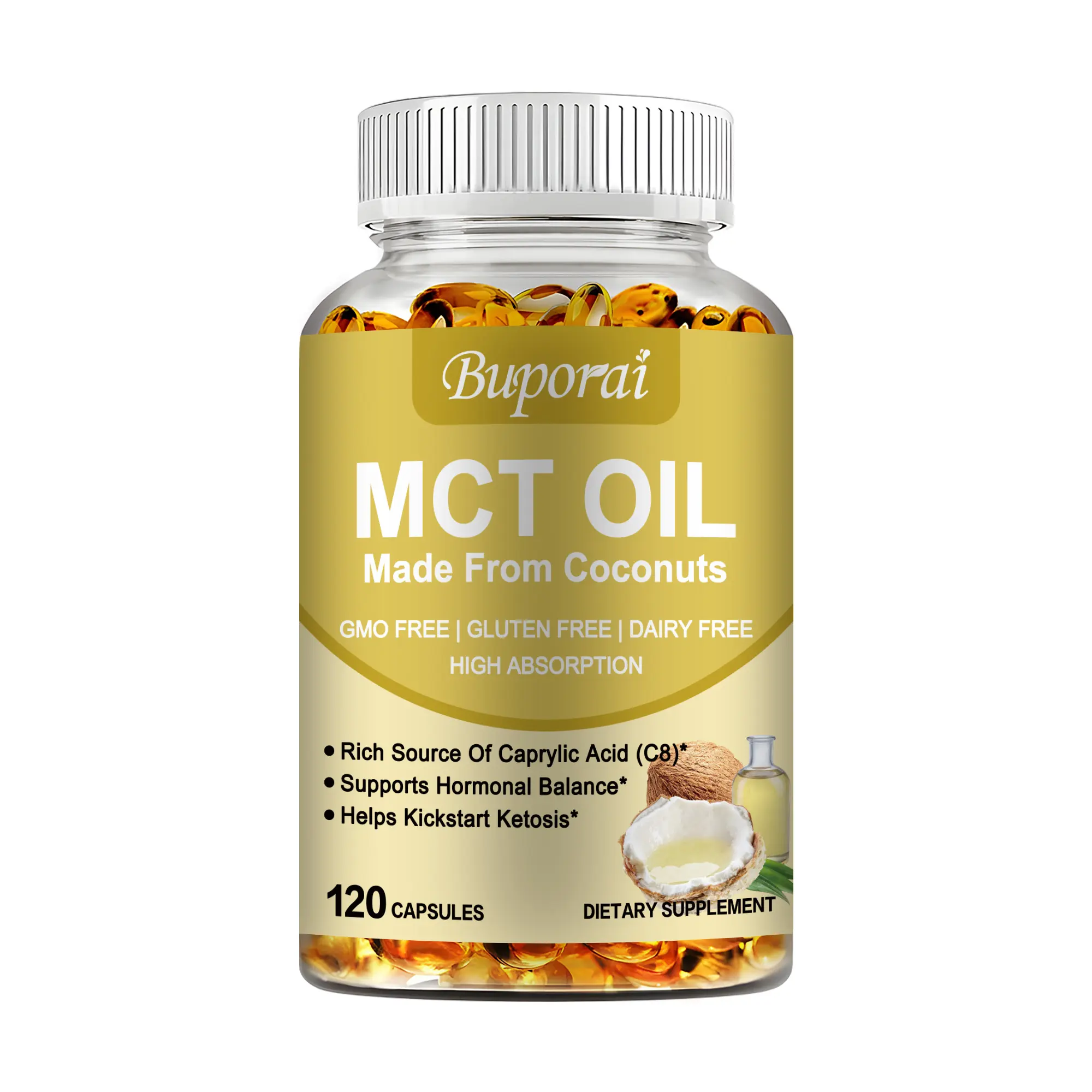 Buporai Organic Coconut-Sourced MCT Oil Tablet Supplement - 3000 mg per Serving, Non-GMO, Cold-Pressed, Easy Absorption for Focus & Gut Health, Fitness Dietary Supplement