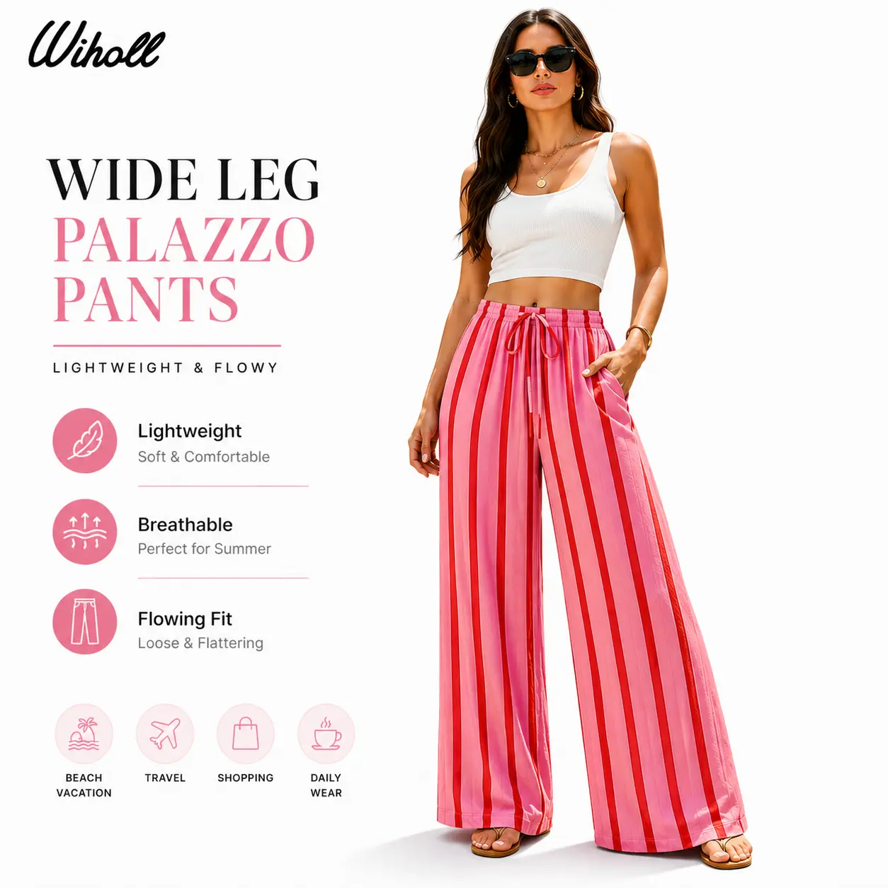 WIHOLL Women's Flowy Palazzo Pants, Chic Summer Beach Clothing with Pockets and Elastic Drawstring Waist, Bottom, Lady, Elegant, Clothes, Women's Clothing