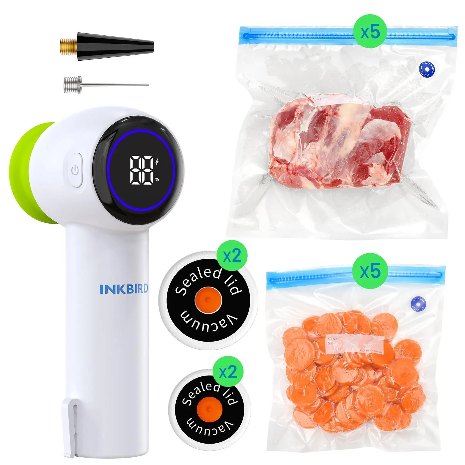 INKBIRD 4-in-1 Handheld Vacuum Sealing Machine for Home Kitchen, USB-C Rechargeable 60Kpa Kitchen Food Preserver, ABS+Silicone Build, Smart Touch, Moldproof Seal, Mason Jar Lids & Food Bags