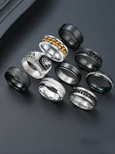 Casual Stainless Steel Rings set, Stackable Rings, Trendy Punk Style Rings, Fashion Accessories for Men, Daily & Party Wear, Trendy All-match & Exquisite Jewelry for Birthday Gift, National Day Offers