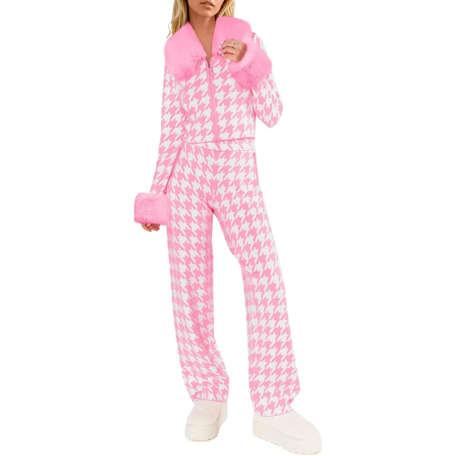 Women's Houndstooth 2-Piece Ski Outfit with Zipper Cardigan & Wide Leg Pants for Winter Travel Cozy Loungewear - Womenswear