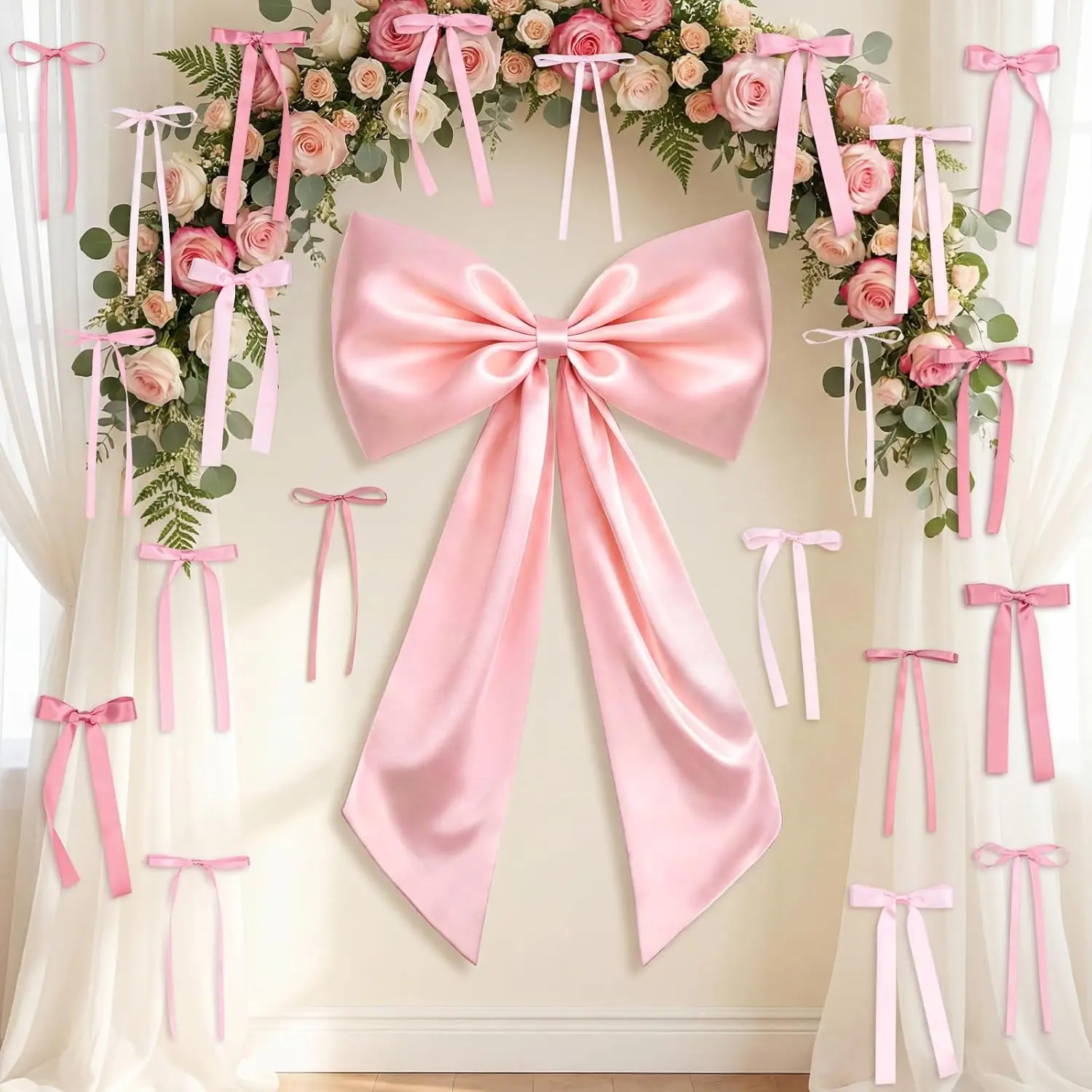 Large  Bow for  Decor, 22 count 40x24 Inch Giant Satin Bow Set with 21 Small 3-Sizes Bows, DIY Photo Backdrop Wall  Decor for Wedding Bridal  Shower Birthday  Girls Room