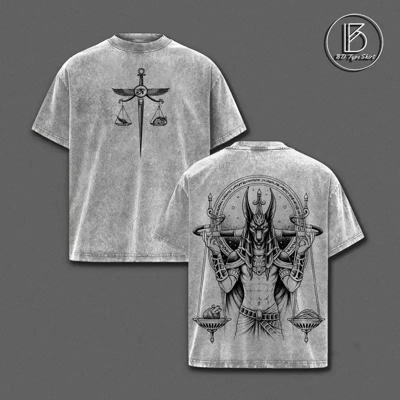 Unisex Anubis Egyptian God T-Shirt - Vintage Washed Oversized Ribbed Seamless Short-Sleeve Crewneck Top, Soft Cotton Streetwear Casual Egyptian Mythology Apparel, Shortsleeve, Classic, Fabric, Menswear, Round Neck, Stylish, Tshirt, Clothes
