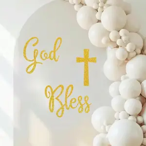 God Bless Golden Cross Sign My First Communion Mi Bautizo Decor Cross Theme Baby Shower Party Backdrop Decor for Boys Girls Balloon Arch Ornament