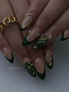 St. Patrick’s Day Emerald Green Gold Floral Almond Press On Nails – Luxury Pearl Accent Set