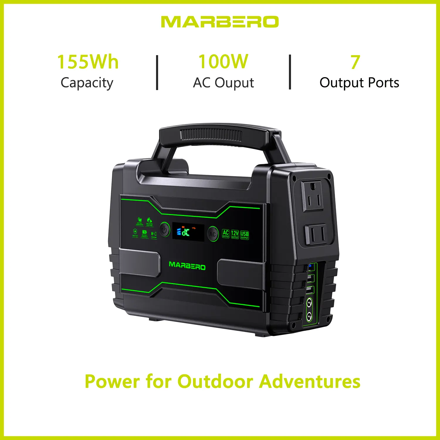 【Father's Day Gift】MARBERO 155Wh Portable Power Station with 2 x 100W AC Outlets(150W Surge) 7 Output Ports Built-in Flashlight for Camping Power Outage Outdoor Emergency