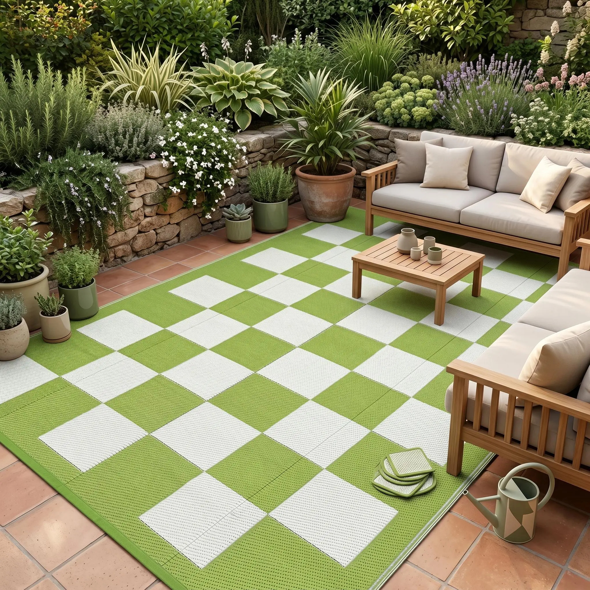Geometric Checkered Plastic Straw Outdoor Rug - Waterproof, UV-Resistant, Foldable, Portable Mat for Patio, Beach, RV, Patio Rug