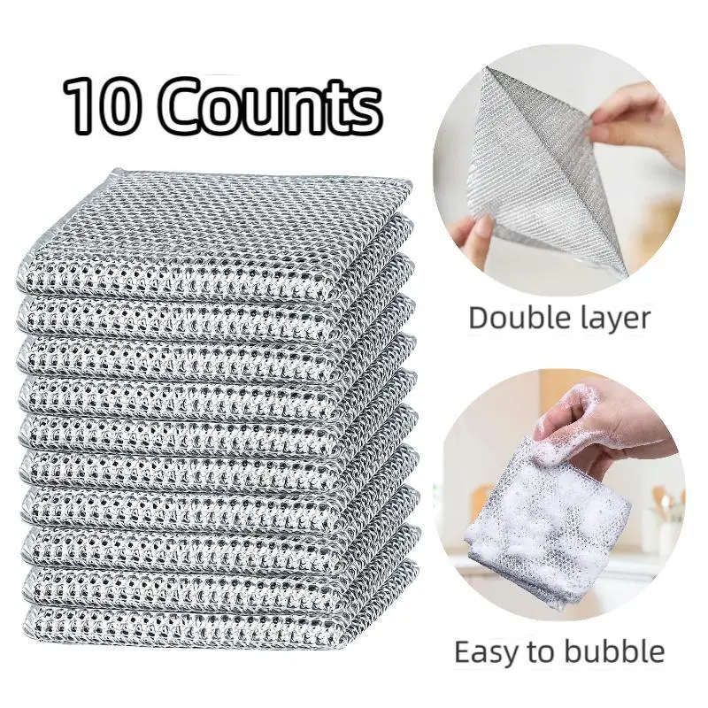 Premium Stainless Steel Mesh Kitchen Scrubbers (10/20-Pack, Silver) - Heavy-Duty, Non-Scratch, Reusable, Rust-Proof, Dishwasher-Safe Cleaning Pads for Pots, Pans, Kitchen Scrubber, Steel Mesh Scrubber