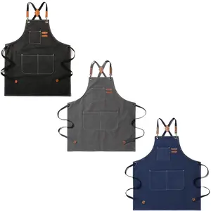 Canvas Cross Back Chef Cotton Aprons,Chef Apron, Work Smock Apron Cooking Bib Apron for Men & Women with Adjustable Straps and Large Pockets for Salon Barber Hairdressers BBQ Grill