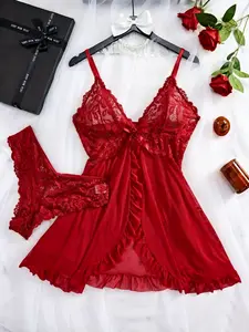 Women's Sexy Ruffle Trim Cami Nightdress & Bow Decor Panty Set, Comfortable Playful Floral Lace Sheer Sleepwear Set, Glamour Lingerie Set