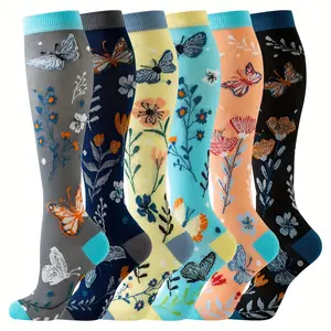 Floral Pattern Compression Socks, Unisex Breathable Knee-High Compression Socks, Sports Nurse Compression Socks