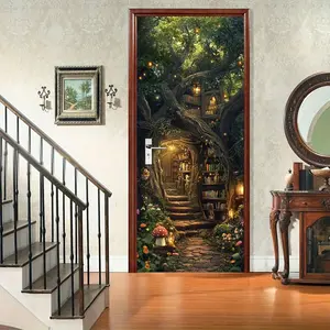 Treehouse Door Sticker Self-Adhesive Wall Decal with Glowing Lanterns, Magical Forest Scene, Perfect for Bedroom or Living Room Door Decor, Decorative Stickers, Door Decorations
