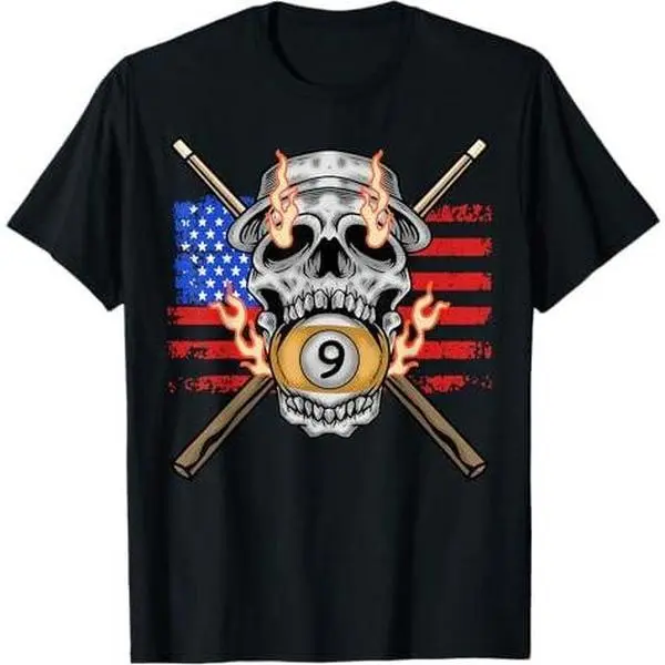 9 Ball Billiard Pool Player American Flag Skull Billiards T-Shirt