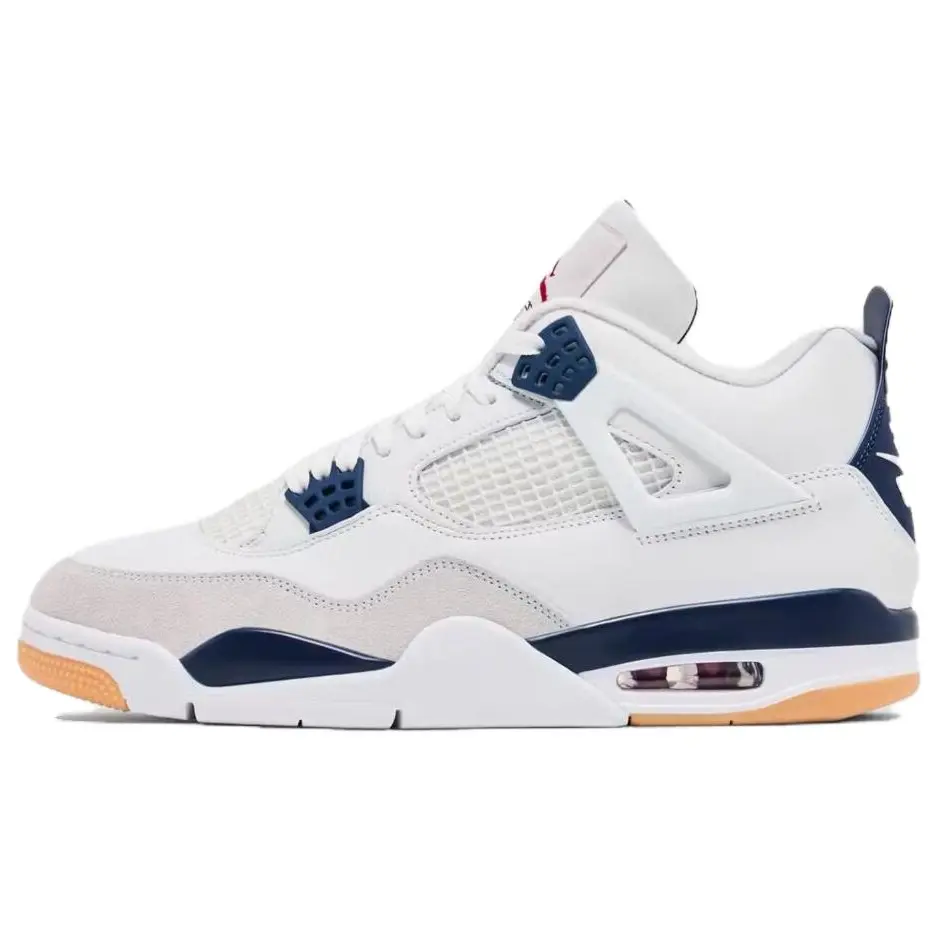 Nike SB x Jordan Air Jordan 4 'Navy' Unisex Lace-Up All-Seasons Casual Shoes, Abrasion-Resistant Mid-Top Round Toe Rubber Sole Vintage Basketball Shoes, White Blue DR5415-100