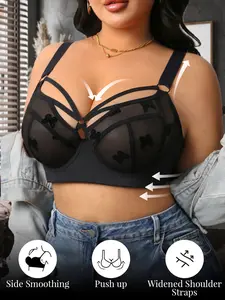 Plus Size Women's Sexy Chic Elegant Sheer Lace Steel Ring Bra, Full Coverage Push Up Support Underwear, Smooth Side and Wide Shoulder Straps, Lingerie for Daily Wear Womenswear