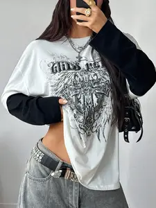 Women's cool Fashion street gothic statement print round neck faux two-piece long-sleeved Streetwear T-shirt Top, Aesthetic graphic tee, comfortable and stylish