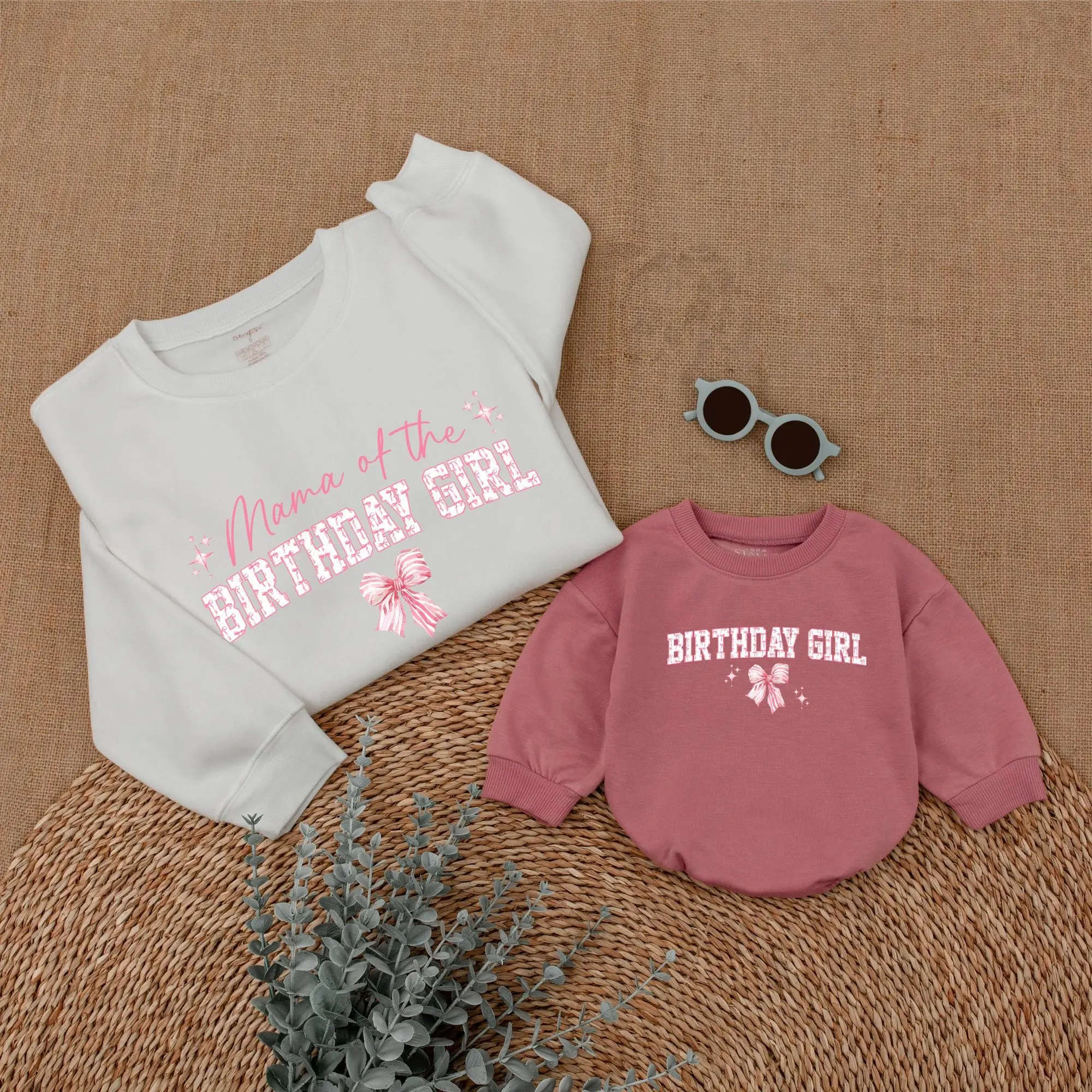 Pink Bow First Birthday Family Outfit Mama of the Birthday Girl Sweatshirt & Baby Girl Romper Mommy and Me Matching Set for Events and Family Photos