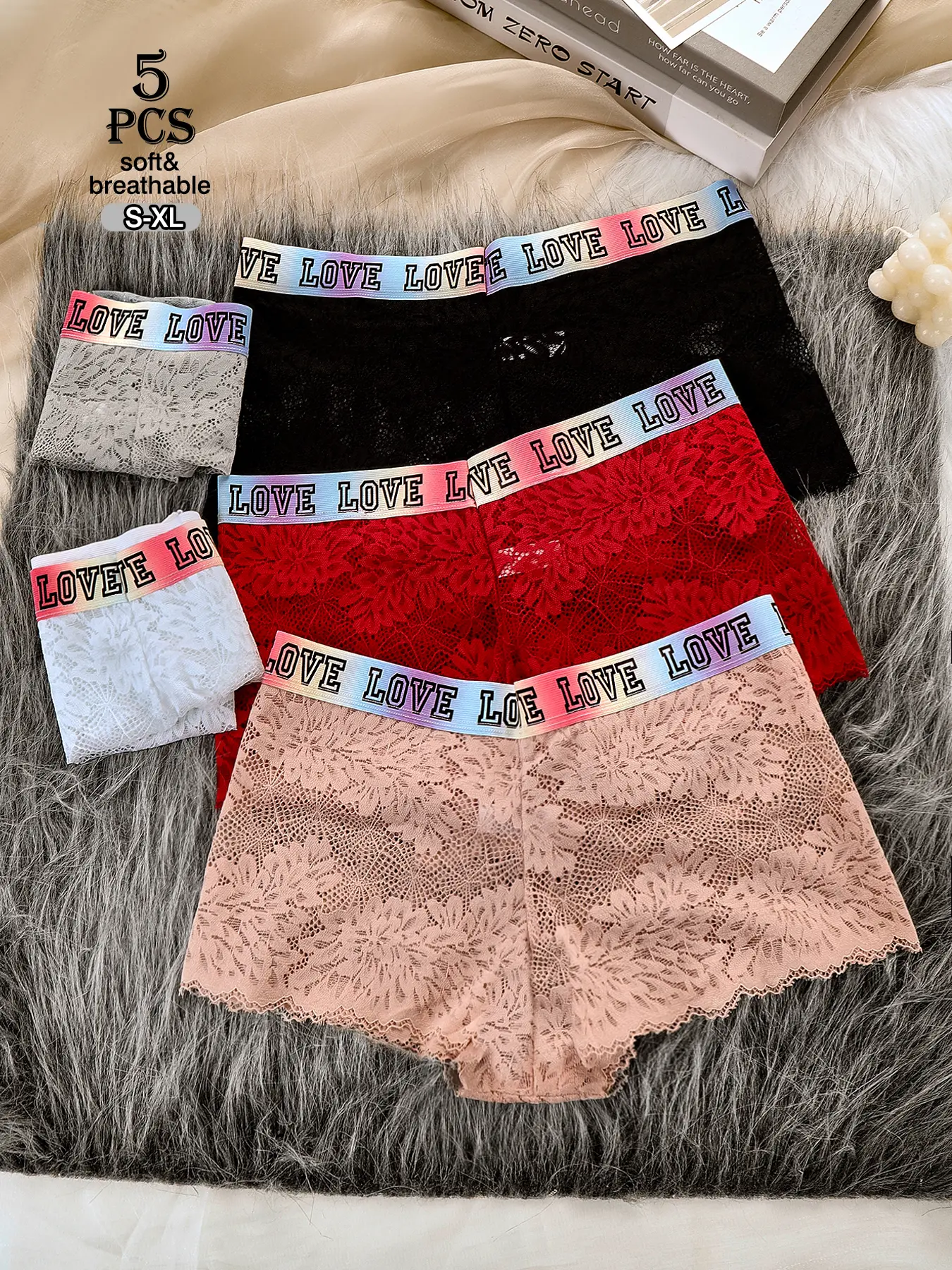 Women's Cute Lace Briefs - 5-Piece Pack, Lace Splicing, Colorful Elastic Waistband, Fashionable Casual, Multi-Size (S-XL) Sexy Briefs